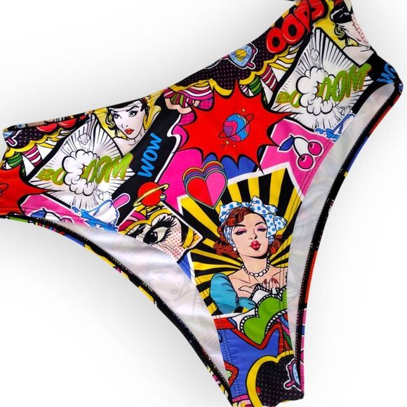 Womens Swimsuit Popart Sz XL Comic Print One Shoulder Connect 2 PC High Cut Swim - Picture 5 of 11